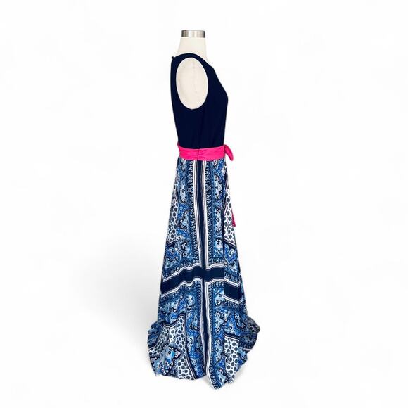 Eliza J Blue Geo Scarf Print Maxi Dress with Pink Sash 10 - Picture 2 of 5